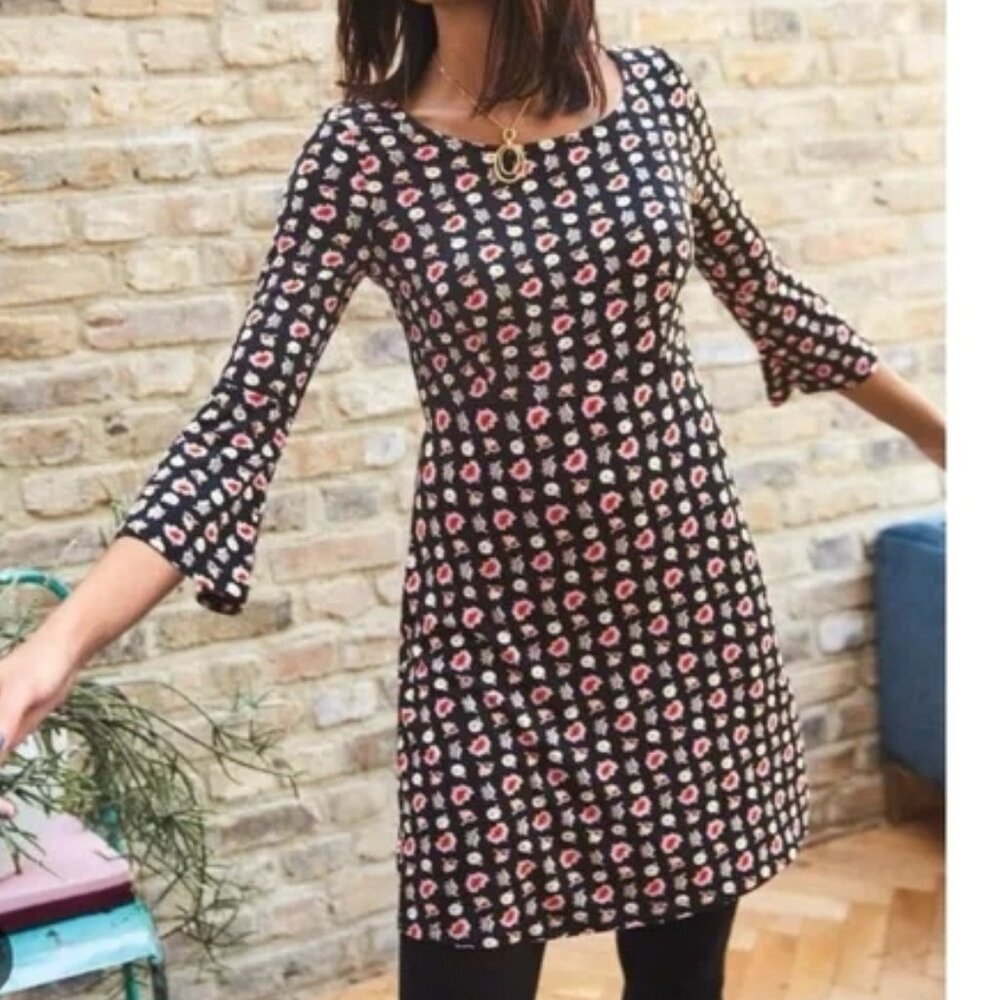 Boden Miriam Jersey Tunic Dress Midi Bell Sleeve Black Floral